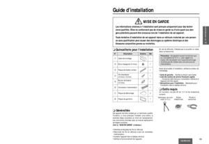 Page 39QtéDescriptionN°Schéma
39CQ-RG153U
13
F
R
A
N
Ç
A
I
S
Guide d’installation
MISE EN GARDE
Les informations relatives à l’installation sont prévues uniquement pour des techni-
ciens qualifiés. Elles ne contiennent pas de mises en garde ou d’avis quant aux dan-
gers potentiels pouvant être encourus lors de l’installation de cet appareil.
Toute tentative d’installation de cet appareil dans un véhicule motorisé par une person-
ne sans qualification peut causer des dommages au système électrique et des...