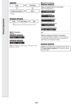 Page 20- 20 -
\CQ-RX100U  \CQ-RX100L\
RadioDisc PlayerAUX*
\CQ-RX200U\
RadioDisc Player
System-up ConnectorAUX 1*
(
«Right)
QSystem-up Connector\CQ-RX400U  \CQ-RX200U\
When an optional device is connected: 
Shift to connected device 
When connecting CD changer 
When connecting iPod
When connecting XM Receiver
When connecting Sirius Receiver
When connecting Bluetooth® Unit 
OR
When an expansion module is connected: 
The devices connected to the ports 1 to 4 are activated in 
sequence after shifting to AUX2...