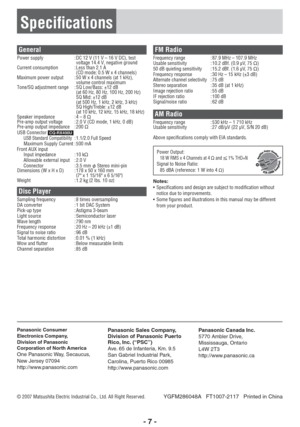 Page 7- 7 -
YGFM286048A   FT1007-2117   Printed in China
Panasonic Consumer 
Electronics Company, 
Division of Panasonic 
Corporation of North America
One Panasonic Way, Secaucus, 
New Jersey 07094 
http://www.panasonic.com
Panasonic Sales Company, 
Division of Panasonic Puerto 
Rico, Inc. (“PSC”)
Ave. 65 de Infanteria, Km. 9.5 
San Gabriel Industrial Park, 
Carolina, Puerto Rico 00985 
http://www.panasonic.comPanasonic Canada Inc.
5770 Ambler Drive, 
Mississauga, Ontario 
L4W 2T3 
http://www.panasonic.ca
©...