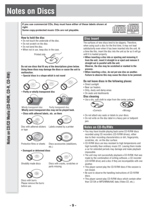 Page 9- 9 -
Notes on Discs
Notes on CD/CD Media (CD-ROM, CD-R, CD-RW)
Printed side
How to hold the disc•  Do not touch the underside of the disc.
•  Do not scratch on the disc.
•  Do not bend the disc.
•  When not in use, keep disc in the case.
Do not use discs that ﬁ t any of the descriptions given below. 
Using these discs may damage the discs or cause the unit to 
malfunction.
•Special discs in a shape which is not round
•Partly or wholly transparent disc
Wholly transparent disc Partly transparent...