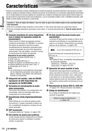 Page 1065
106CQ-VD6503U
Espanõl
Características
■Conexión simultánea de varios dispositivos
(con el módulo de expansión (unidad de
concentrador)
)
Podrá conectar el módulo de expansión opcional
(unidad de concentrador) (CY-EM100U). La conexión
del módulo de expansión le permitirá conectar
simultáneamente los dispositivos opcionales anteri-
ormente mencionados así como otros dispositivos
audiovisuales. Para más detalles, consulte el manual
de instrucciones del módulo de expansión.
Dispositivos de que pueden...