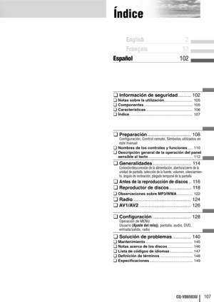 Page 107107CQ-VD6503U
Índice
¢Información de seguridad.......... 102
¢Notas sobre la utilización........................... 105
¢Componentes.............................................. 105
¢Características............................................ 106
¢Índice............................................................ 107
¢Preparación................................. 108
Configuración, Control remoto, Símbolos utilizados en
este manual
¢Nombres de los controles y funciones..... 110
¢Descripción general de la...