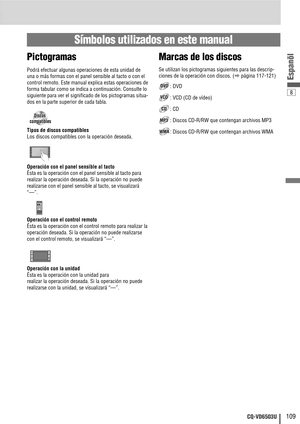 Page 1098
109CQ-VD6503U
Espanõl
Pictogramas
Podrá efectuar algunas operaciones de esta unidad de
una o más formas con el panel sensible al tacto o con el
control remoto. Este manual explica estas operaciones de
forma tabular como se indica a continuación. Consulte lo
siguiente para ver el significado de los pictogramas situa-
dos en la parte superior de cada tabla.
Símbolos utilizados en este manual
Marcas de los discos
Se utilizan los pictogramas siguientes para las descrip-
ciones de la operación con discos....