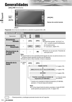 Page 11413
114CQ-VD6503U
Espanõl
Operaciones
Generalidades
[SRC] –
–
–[SRC]
[SRC]
(apágina
112)[SRC]
Operaciones generales
Alimentación
Activado : 
Selección de la
fuente
[u]¡Presione una vez para abrir. Presiónelo de
nuevo para cerrar.Abertura/cierre de
la unidad de 
pantalla
Nota:
¡El panel frontal se cierra automáticamente después de sonar una alarma de aviso si no
se efectúa ninguna operación durante unos 20 segundos.
¡Cuando ya haya un disco insertado, el disco se expulsará.
–[SRC][SRC]Alimentación...