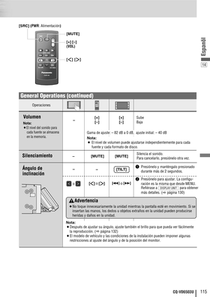 Page 11514
115CQ-VD6503U
Espanõl
CAR AV
MUTE
ENT
VOLSRCPWR
DVD MENURETRETURN
TOP MENU
ENTER / BAND
MUTESRCMUTESRCVOL
[SRC] (PWR: Alimentación)
[MUTE]
[]] [[]
[+] [–]
(VOL)
q Presiónelo y manténgalo presionado
durante más de 2 segundos.
w Presiónelo para ajustar. La configu-
ración es la misma que desde MENU.
Refiérase a  para obtener
más detalles. (
apágina 130) 
DISPLAY UNIT
Operaciones
–
o 
[]]o [[] – –
–[
+]
[
–][
+]
[
–]Sube
Baja
Volumen
Nota:
¡El nivel del sonido para
cada fuente se almacena
en la memoria....