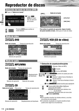 Page 11817
118CQ-VD6503U
Espanõl
Reproductor de discos
Modo de vídeo
❒Selección de carpeta/archivo/pista
qPulse (nombre de carpeta) para selec-
cionar una carpeta.
, : desplaza 1 página hacia arriba/abajo la
lista de archivos.
, : desplaza 1 línea hacia arriba/abajo la lista de
archivos.
wPulse(nombre de archivo) para la reproducción.
qPresione[]], [[], [}]o [{]para
seleccionar una carpeta. 
[]][[]: Movimiento entre distintos nive-
les de árboles
[}][{]: Movimiento dentro del mismo árbolwPresione[ENTER].
:...