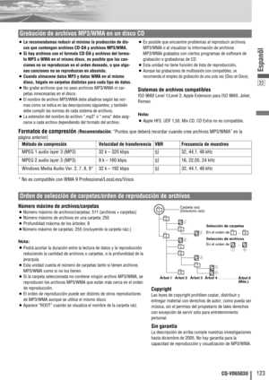 Page 12322
123CQ-VD6503U
Espanõl
Root Folder
(Root Directory)
Folder Selection
File Selection
Tree 1 Tree 2 Tree 3 Tree 4 Tree 8
(Max.)
2 1
43q
q ew
r
t
yy
5
6
7
18
8–In the order
–In the order
¡Le recomendamos reducir al mínimo la producción de dis-
cos que contengan archivos CD-DA y archivos MP3/WMA.
¡Si hay archivos con el formato CD-DA y archivos del forma-
to MP3 o WMA en el mismo disco, es posible que las can-
ciones no se reproduzcan en el orden deseado, o que algu-
nas canciones no se reproduzcan en...