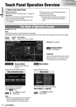 Page 1413
14CQ-VD6503U
English
Touch Panel Operation Overview
The State of Operation Screen
❒Notes on the Touch Panel
Before operation
¡Clean the surface of the touch panel.  (apage 47)
Operation
¡Use only your fingers to operate the touch panel.
¡Do not press the panel forcefully.
¡Do not scratch the panel with fingernails or any
hard objects.¡Do not use a pen or other sharp implements to
operate the touch panel.
¡Do not bump the front panel.
aFailure to observe the above may damage or
break the glass on the...