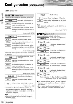 Page 13433
134CQ-VD6503U
Espanõl
Configuración (continuación)
SP LEVEL (Speaker level)
Ajuste del equilibrio de salida de cada altavoz
: 
baja,    : sube
: 
baja,    : sube
: 
baja,    : sube
: 
baja,    : sube
: 
baja,    : sube
: 
baja,    : sube
Gama de ajustes: –10 dB a +10 dB (en pasos de 1 dB)
Ajuste inicial: ± 0 dB par todos altavoces
¡Si el ajuste de altavoz es   o  para un altavoz,
la señal de prueba no saldrá y el altavoz no podrá ser
seleccionado.
¡Gire 
el control de volumen rotativoo presione [+]
o...