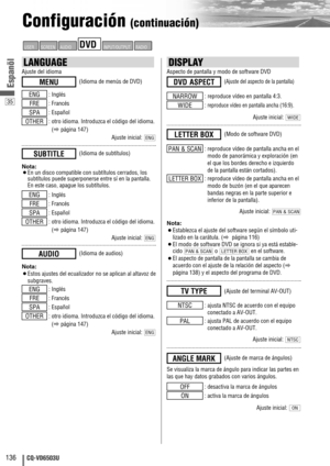 Page 13635
136CQ-VD6503U
Espanõl
Configuración (continuación)
DISPLAY
Aspecto de pantalla y modo de software DVD
: reproduce vídeo en pantalla 4:3.
: 
reproduce vídeo en pantalla ancha (16:9).
Ajuste inicial: WIDE
WIDE
NARROW
(Ajuste del aspecto de la pantalla)DVD ASPECT
: reproduce vídeo de pantalla ancha en el
modo de panorámica y exploración (en
el que los bordes derecho e izquierdo
de la pantalla están cortados).
: reproduce vídeo de pantalla ancha en el
modo de buzón (en el que aparecen
bandas negras en la...