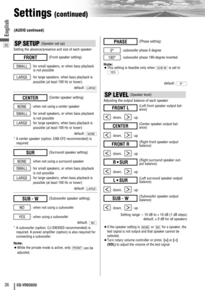 Page 3635
36CQ-VD6503U
English
Settings (continued)
SP LEVEL (Speaker level)
Adjusting the output balance of each speaker
: down,    : up
: down,    : up
: down,    : up
: down,    : up
: down,    : up
: down,    : up
Setting range: – 10 dB to + 10 dB (1 dB steps)
default: ± 0 dB for all speakers
¡If the speaker setting is  or  for a speaker, the
test signal is not output and that speaker cannot be
selected. 
¡
Turn rotary volume controller or press [+]
or [–]
(VOL)
to adjust the volume of the test signal....