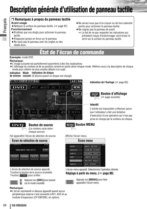 Page 6413
64CQ-VD6503U
Français
Description générale d’utilisation de panneau tactile
État de l’écran de commande
❒Remarques à propos du panneau tactile
Avant usage
¡Nettoyez la surface du panneau tactile. (apage 97)
Fonctionnement
¡N
’utilisez que vos doigts pour actionner le panneau
tactile
.
¡N’appuyez jamais en force sur le panneau.
¡Ne rayez pas le panneau avec les ongles ou des
objets durs.¡Ne servez-vous pas d’un crayon ou de tout ustensile
pointu pour actionner le panneau tactile.
¡Ne cognez pas le...