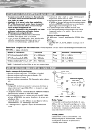 Page 7524
75CQ-VD6503U
Français
Root Folder
(Root Directory)
Folder Selection
File Selection
Tree 1 Tree 2 Tree 3 Tree 4 Tree 8
(Max.)
2 1
43q
q ew
r
t
yy
5
6
7
18
8–In the order
–In the order
¡Il vous est recommandé de minimiser les chances de créer
un disque qui contient deux sortes de fichiers : fichiers CD-
DA et fichiers MP3/WMA.
¡
Si les fichiers CD-DA sont sur le même disque que les fichiers
MP3 ou WMA, les morceaux de musique risquent de ne pas être
lus dans l’ordre voulu ou bien certains morceaux de...