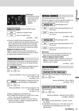 Page 8736
87CQ-VD6503U
Français
: désactive la tonalité d’essai
: active la tonalité d’essai
par défaut : 
¡Lorsque la tonalité d’essai est paramétrée pour être
activée, un signal de test (une tonalité continue) est émis
pour chaque haut-parleur pendant environ 2 secondes.
Réglez la balance de sortie de telle sorte que la tonalité
semble être au même volume pour chaque haut-parleur.
Réglage de la balance de sortie :
Réglez le volume de tous les autres haut-parleurs au
niveau de volume du haut-parleur pour...