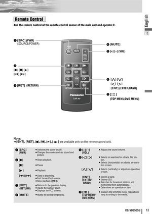 Page 1312
13CQ-VD6505U
English
CAR AV
MUTE
ENT
VOL
SRC
PWR
DVD MENU
RET
RETURN
TOP MENU
ENTER / BAND
r[MUTE
]
t[+] [–](VOL) q[SRC](PWR)  
(SOURCE/POWER)
e[RET]
(RETURN)
u[]
(TOP MENU/DVD MENU)
w
[
■][
❚❚][
B]
[
s] [
d]
Aim the remote control at the remote control sensor of the main unit and operate it.
y [
}] [
{]
[
]] [
[]
[ENT
] (ENTER/BAND)
Remote Control
q
w
[
■]
[
❚❚]
[
B]
e
rt
y
u
¡Displays the DVD/title menu. (Operations
vary according to the media.) [      ] 
(TOP MENU/
DVD MENU)
¡Selects a band....