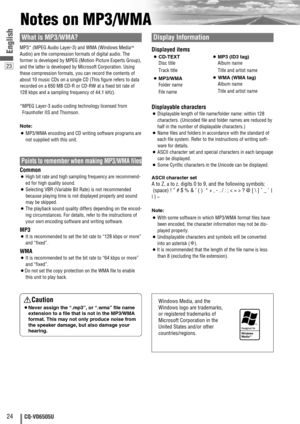 Page 2423
24CQ-VD6505U
English
Notes on MP3/WMA
What is MP3/WMA?
MP3* (MPEG Audio Layer-3) and WMA (Windows MediaTM
Audio) are the compression formats of digital audio. The
former is developed by MPEG (Motion Picture Experts Group),
and the latter is developed by Microsoft Corporation. Using
these compression formats, you can record the contents of
about 10 music CDs on a single CD (This figure refers to data
recorded on a 650 MB CD-R or CD-RW at a fixed bit rate of
128 kbps and a sampling frequency of 44.1...