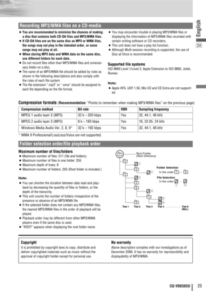 Page 2524
25CQ-VD6505U
English
Root Folder
(Root Directory)
Folder Selection
File Selection
Tree 1 Tree 2 Tree 3 Tree 4 Tree 8
(Max.)
2 1
43q
q ew
r
t
yy
5
6
7
18
8–In the order
–In the order
¡You are recommended to minimize the chances of making
a disc that contains both CD-DA files and MP3/WMA files.
¡If CD-DA files are on the same disc as MP3 or WMA files,
the songs may not play in the intended order, or some
songs may not play at all.
¡When storing MP3 data and WMA data on the same disc,
use different...