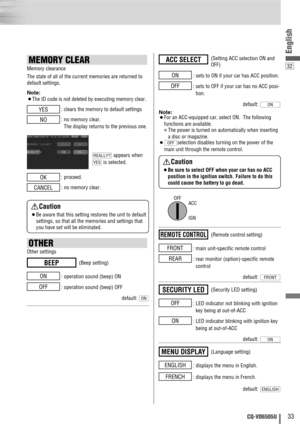 Page 3332
33CQ-VD6505U
English
MEMORY CLEAR
Memory clearance
The state of all of the current memories are returned to
default settings.
Note: 
¡The ID code is not deleted by executing memory clear.
: clears the memory to default settings
: no memory clear. 
The display returns to the previous one.
appears when
is selected.
: proceed.
: no memory clear.
CANCEL
OK
YES
REALLY?
NO
YES
OTHER
Other settings
: operation sound (beep) ON
: operation sound (beep) OFF
default: 
ON
OFF
ON
(Beep setting)BEEP
: sets to ON if...