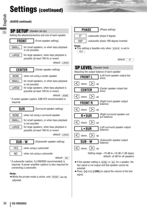 Page 3635
36CQ-VD6505U
English
Settings (continued)
SP LEVEL (Speaker level)
Adjusting the output balance of each speaker
: down,    : up
: down,    : up
: down,    : up
: down,    : up
: down,    : up
: down,    : up
Setting range: –10 dB to +10 dB (1 dB steps)
default: ±0 dB for all speakers
¡If the speaker setting is  or  for a speaker, the
test signal is not output and that speaker cannot be
selected. 
¡
Press [+]
or [–]
(VOL)to adjust the volume of the test
signal.
NONONE
[]
(Subwoofer speaker output...