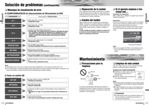 Page 9054
53178179
CQ-VD7001U
CQ-VD7001U
Solución de problemas 
(continuación)
Espanõl
Espanõl
❑
Mensajes de visualización de error
Nota:¡Puede haber casos en los que los números de los discos afectados por un error aparezcan antes de E1 y E2.¡Las visualizaciones y los pasos que deben tomarse para eliminar los errores cambian en parte según el cambiador. Para
conocer más detalles, consulte el instrucciones de instalación del cambiador utilizado.■CD/MP3/WMA/DVD/CD de vídeo/cambiador de CD/cambiador de DVD
Se...