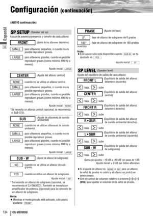 Page 13433
134CQ-VD7003U
Espanõl
Configuración (continuación)
SP LEVEL (Speaker level)
Ajuste del equilibrio de salida de cada altavoz
: 
baja,    : sube
: 
baja,    : sube
: 
baja,    : sube
: 
baja,    : sube
: 
baja,    : sube
: 
baja,    : sube
Gama de ajustes: –10 dB a +10 dB (en pasos de 1 dB)
Ajuste inicial: ± 0 dB par todos altavoces
¡Si el ajuste de altavoz es   o  para un altavoz,
la señal de prueba no saldrá y el altavoz no podrá ser
seleccionado.
¡Gire 
el control de volumen rotativoo presione [+]
o...