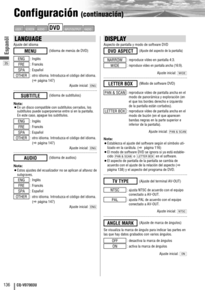 Page 13635
136CQ-VD7003U
Espanõl
Configuración (continuación)
DISPLAY
Aspecto de pantalla y modo de software DVD
: reproduce vídeo en pantalla 4:3.
: 
reproduce vídeo en pantalla ancha (16:9).
Ajuste inicial: WIDE
WIDE
NARROW
(Ajuste del aspecto de la pantalla)DVD ASPECT
: reproduce vídeo de pantalla ancha en el
modo de panorámica y exploración (en
el que los bordes derecho e izquierdo
de la pantalla están cortados).
: reproduce vídeo de pantalla ancha en el
modo de buzón (en el que aparecen
bandas negras en la...