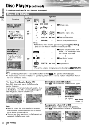 Page 2221
22CQ-VD7003U
English
Disc Player(continued)
To switch Operation Screen ON, touch the center of touch panel.
Note:
¡If no operation is performed for 8 seconds after you have touched  , the operation buttons disappear.
¡If the title/chapter number is inputted and no operation is performed for 2 seconds, playback will start from the num-
ber of the title/chapter entered. 
*2On-Screen Direct Operation (Only for DVD)
Some DVDs allow you to operate the DVD menu by
touching the screen.
In such a case, if...