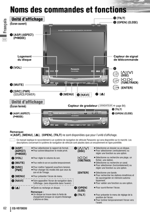 Page 6211
62CQ-VD7003U
Français
Noms des commandes et fonctions
ENTER
TILTO/CASP
MUTESRC MENU
CQ-VD7001U
NAVI
OPEN / CLOSE
ASPECT
PWR VOL
P·MODE
CLOSE
CQ-VD7003U
TILT
TEXT
ENTER
TILTOPENASP
MUTESRCMENU
CQ-VD7003U
NAVI
CLOSE
ASPECT
PWR
VOL
P·MODE
Unité d’affichage
Unité d’affichage
Logement
du disqueCapteur de signal
de télécommande
w[VOL] 
e[MUTE] 
r[SRC](PWR)  
(SOURCE/POWER)
(Écran fermé) (Écran ouvert)
t[MENU]
Capteur de gradateur 
(apage 84)GRADATEUR
!0[TILT] 
o[OPEN] (CLOSE)
o[OPEN] (CLOSE) !0[TILT] 
u [u]...