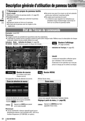 Page 6413
64CQ-VD7003U
Français
Description générale d’utilisation de panneau tactile
État de l’écran de commande
❒Remarques à propos du panneau tactile
Avant usage
¡Nettoyez la surface du panneau tactile. (apage 97)
Fonctionnement
¡N
’utilisez que vos doigts pour actionner le panneau
tactile
.
¡N’appuyez jamais en force sur le panneau.
¡Ne rayez pas le panneau avec les ongles ou des
objets durs.¡Ne servez-vous pas d’un crayon ou de tout ustensile
pointu pour actionner le panneau tactile.
¡Ne cognez pas le...