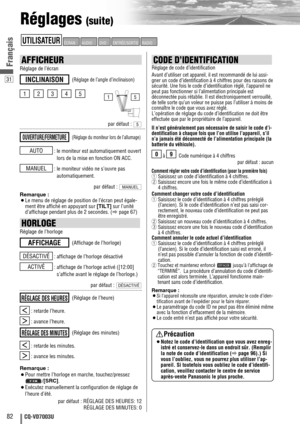 Page 8231
82CQ-VD7003U
FrançaisCODE D’IDENTIFICATION
Réglage de code d’identification
Avant d’utiliser cet appareil, il est recommandé de lui assi-
gner un code d’identification à 4 chiffres pour des raisons de
sécurité. Une fois le code d’identification réglé, l’appareil ne
peut pas fonctionner si l’alimentation principale est
déconnectée puis rétablie. Il est électroniquement verrouillé,
de telle sorte qu’un voleur ne puisse pas l’utiliser à moins de
connaître le code que vous avez réglé.
L’opération de...