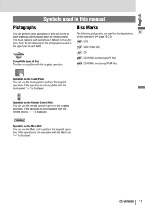 Page 1110
11CQ-VD7005U
English
Pictographs
You can perform some operations of this unit in one or
more methods with the touch panel or remote control.
This book explains such operations in tabular form as fol-
lows. Refer to the following for the pictographs located in
the upper part of each table.
Symbols used in this manual
Disc Marks
The following pictographs are used for the descriptions
of disc operation. (apage 19-23)
: DVD
: VCD (Video CD)
: CD
: CD-R/RWs containing MP3 files
: CD-R/RWs containing WMA...