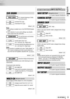 Page 3938
39CQ-VD7005U
English
DVD SOUND 
DVD sound setting
: activates Pro Logic.
: inactivates Pro Logic.
default: 
Note
: 
¡This setting is enabled only in the DVD/VCD/CD player
mode.
¡selection in some audio settings may disable
audio output from the subwoofer.
: simple stereo down mix
(Lo = Left only, Ro = Right only)
: surround element decodable down mix
(Lt = Left total, Rt = Right total)
Note
: 
¡This function is available only when “Dolby Digital” or
“dts” source is playing and when sound comes out...