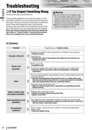 Page 4241
42CQ-VD7005U
English
Troubleshooting
■Common
❑If You Suspect Something Wrong
Check and take steps as described below.
If the described suggestions do not solve the problem, it is rec-
ommended to take the unit to your nearest authorized Panasonic
Servicenter. The product should be serviced only by qualified per-
sonnel. Please refer checking and repair to professionals.
Panasonic shall not be liable for any accidents arising out of neg-
lect of checking the unit or your own repair after your...