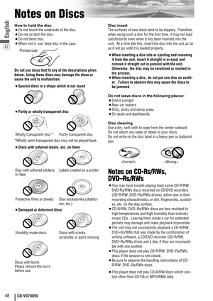 Page 4847
48CQ-VD7005U
English
Notes on Discs
How to hold the disc
¡Do not touch the underside of the disc.
¡Do not scratch the disc.
¡Do not bend disc.
¡When not in use, keep disc in the case.
Do not use discs that fit any of the descriptions given
below. Using these discs may damage the discs or
cause the unit to malfunction.
¡Special discs in a shape which is not round
¡Partly or wholly transparent disc
*Wholly semi-transparent disc may not be played back.
¡Discs with adhered labels, etc. on them
¡Damaged or...