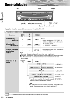 Page 1413
114CQ-VD7005U
Espanõl
Operaciones
Generalidades
ENTER
TILTOPENASP
MUTESRCMENU
CQ-VD7005U
NAVI
ASPECT
PWR
VOL
P·MODETILTOPEN
ENTERMUTESRC
[MUTE][OPEN]
[SRC](PWR: Alimentación) [TILT] [VOL]
Sensor de control remoto
[SRC] –
–
–[SRC]
[SRC]
(apágina
112)[SRC]
Operaciones generales
DVD VTRRADIOCH-CEND
Alimentación
Activado : 
Selección de la
fuente
[OPEN]¡Presione una vez para abrir. Presiónelo de
nuevo para cerrar.Abertura/cierre de
la unidad de 
pantalla
Nota:
¡Cuando se abra o cierre la pantalla, sonará...