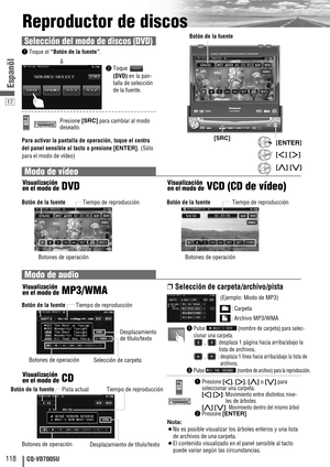 Page 18ENTER
TILTO/CASP
MUTESRC MENU
CQ-VD7001U
NAVI
OPEN / CLOSE
ASPECT
PWR VOL
P·MODE
CLOSE
CQ-VD7005U
TILT
TEXT
ENTERSRC
17
118CQ-VD7005U
Espanõl
Reproductor de discos
Modo de vídeo
❒Selección de carpeta/archivo/pista
qPulse (nombre de carpeta) para selec-
cionar una carpeta.
, : desplaza 1 página hacia arriba/abajo la
lista de archivos.
, : desplaza 1 línea hacia arriba/abajo la lista de
archivos.
wPulse(nombre de archivo) para la reproducción.
qPresione[]], [[], [}]o [{]para
seleccionar una carpeta
....