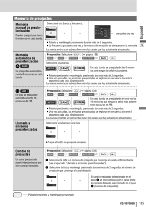 Page 2524
125CQ-VD7005U
Espanõl
……
Púlselo/presiónelo y manténgalo presionado
Memoria 
manual de presin-
tonización
Pueden preajustarse hasta
6 emisoras en cada banda.
Llamada a 
emisoras 
presintonizadas
a
Memoria
automática de
presintonización
En cada banda se preajustarán las 6 emiso-
ras que tengan la señal más potente.[BAND]
a
Cambio de 
preajustes
qSeleccione la lista y el número de preajuste que contenga el canal a intercambiarse
(vea el apartado “Llamada a emisoras presintonizadas”).
w Seleccione la...