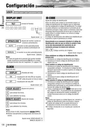 Page 3029
130CQ-VD7005U
Espanõl
ID-CODE
Ajuste del código de identificación
Antes de utilizar esta unidad se recomienda asignar un
código de identificación de 4 dígitos para su seguridad. 
Una vez establecido el código de identificación, la unidad
no podrá utilizarse si se desconecta el suministro de ali-
mentación principal y luego vuelve a conectarse. Ésta está
bloqueada electrónicamente de forma que un ladrón no
pueda utilizar la unidad robada si no conoce el código
establecido por usted.
El código de...