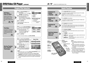 Page 12271E
N
G
L
I
S
H
CQ-VD7200U
18E
N
G
L
I
S
H
Indicates the compatible types of disc.
DVD
VIDEO
VIDEO
CD
Switching between
Stereo and
Monaural
VIDEO
CD
Press [AUDIO] (ST/MONO).
It is possible to switch the audio between stereo sound and monaural
sound (L or R).
Notes: 
¡If no operation is performed for 5 sec-
onds, the display returns to the regular
mode.
¡It may not be possible to switch the lan-
guage unless the unit is at the DVD menu
(apage 26) or is at the DVD settings.
(apage 46)
¡The language on the...