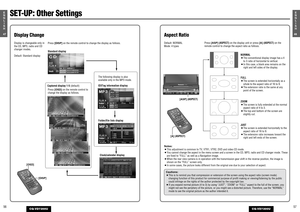 Page 27VOLUME
MENU MUTEMODE NAVI
NAVIGATION ASPECT
P·
MODE
POWER
ASPENTER
CQ-VD7200U
IN-DASH 7 INCH WIDE COLOR LCD TV / DVD - VIDEO / RECEIVER
DISCTRACK/
CHANNEL
ASP
Aspect RatioDefault: NORMAL
Mode: 4 types
Notes: 
¡This adjustment is common to TV, VTR1, VTR2, DVD and video CD mode.
¡You cannot change the aspect in the menu screen and a screen in the CD, MP3, radio and CD changer mode. These
are fixed to “FULL” as well as a Navigation image.
¡When the rear view camera is in operation with the transmission gear...