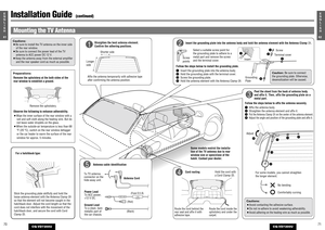 Page 3471
CQ-VD7200U
62E
N
G
L
I
S
H
Peel the sheet from the back of antenna body
and affix it. Then, affix the grounding plate on a
metal part. Insert the grounding plate into the antenna body and hold the antenna element with the Antenna Clamp 
@4.
Follow the steps below to affix the antenna securely.q 
Affix the antenna body.
w 
Straighten the antenna element and affix it.
e 
Put the Antenna Clamp 
@4
on the center of the antenna element.
r 
Adjust the angle and position of the grounding plate and affix it....
