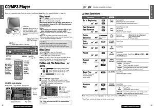 Page 19ENTER
TILT
OPENVOLUME
MUTE NAVI DISP
CQ-VD7700U
MODE
OPEN / CLOSE
DISC
POWER NAVIGATION
SD CARDTRACK/
CHANNEL
IN-DASH 7 WIDESCREEN COLOR LCD MONITOR TV / DVD / SD RECEIVER
ASPECTP
·MODE
ASP
Repeat 
Play
or
*
[REP]
(REPEAT)Touch/Press.
Touch/Press again to cancel.
Current 
FileTouch/Press.
Touch/Press again to cancel.
Current 
Folder
Touch/Press and hold for more than 2 seconds.
Touch/Press and hold again to cancel.
Scan PlayThe first 10 seconds
of each track/file
will be played.
[5] (SCAN)Touch/Press....