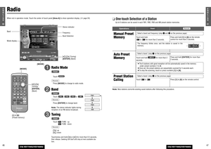 Page 214731E
N
G
L
I
S
H
CQ-VD7700U/VD7500U
4630E
N
G
L
I
S
H
CQ-VD7700U/VD7500U
Manual Preset
Memory
Radio
Note:New stations overwrite existing saved stations after following this procedure.Touch and hold.
to  for more than 2 seconds.
Press and hold [1]to [6]on the remote
control for more than 2 seconds.
❑One-touch Selection of a Station
Up to 6 stations can be saved in each FM1, FM2, FM3 and AM preset station memories.
Operations
Panel
Remote
Auto Preset
Memory
Touch and hold for more than 2
seconds.
Press...