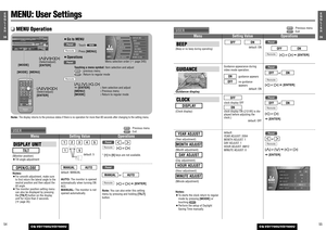 Page 255539E
N
G
L
I
S
H
CQ-VD7700U/VD7500U
5438E
N
G
L
I
S
H
CQ-VD7700U/VD7500U
MENU: User Settings❏MENU Operation
: Previous menu
: Exit
ENTER
PWR NAVI MODE MENU
CHAPTER
ASPECT
P-MODETRACKNAVIGATIONSTOP TOP MENU DVD / SD MENUST / MONOCH1 CH2RANDOM RETURN
OSD
RET
RAND
AUDIOANGLEREP
SUBSPACE MUTEVOLGRP
DISP
12 3
45 6
7
A8
09
PAG E
SCAN PAUSE PLAYSUBTITLE REPEAT
SCROLLTITLE / CHAPTERVOL
CAR AVMODEMENU
ENTER
TILT
NAVI DISP
CQ-VD7700U
MODE
OPEN / CLOSE
DISC
POWER NAVIGATION
SD CARDTRACK/
CHANNEL
DASH 7 WIDESCREEN...