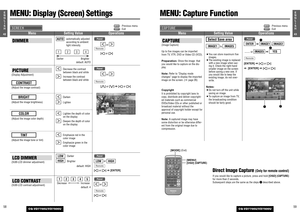 Page 275943E
N
G
L
I
S
H
CQ-VD7700U/VD7500U
5842E
N
G
L
I
S
H
CQ-VD7700U/VD7500U
MENU: Display (Screen) Settings
MENU: Capture Function
: Previous menu
: Exit
DIMMER
: automatically adjusted
according to ambient
light intensity.
default: AUTO
4
3
2
1AUTO
or 
[]]or [[]
Remote
[
]
Panel
PICTURE(Display Adjustment)
(Adjust the image contrast)
CONTRAST
: Decrease the contrast
between black and white
: Increase the contrast
between black and white
[]
or 
[}
]or [
{
]a[]]or [[]
Remote
[
]
Panel
(Adjust the image...