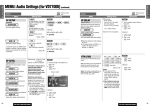 Page 306549E
N
G
L
I
S
H
CQ-VD7700U/VD7500U
6448E
N
G
L
I
S
H
CQ-VD7700U/VD7500U
MENU: 
Audio Settings (for VD7700U)
(continued): Previous menu
: Exit
SP SETUP(continued)
(Surround speaker setting)
SURROUND
:
for large speakers, when bass
playback is possible (at least
100 Hz or lower)
: 
for small speakers, or when
bass playback is not possible
: 
when not using surround
speakers
default: LARGE
NONESMALLLARGE
a
or 
or 
[}
]or [
{
]a[]]or [[]
a[ENTER]
RemoteLARGE
SMALL
NONE
SURROUNDPanel
(Subwoofer speaker...