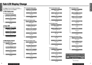 Page 367761E
N
G
L
I
S
H
CQ-VD7700U/VD7500U
7660E
N
G
L
I
S
H
CQ-VD7700U/VD7500U
Sub-LCD Display ChangeThe contents on the sub-LCD display are changeable.
Press [DISP]to change the display as follows. (When the
display is opened, press and hold [DISP].)With display either open or closed■
With Display Closed
VTR 1/2, SD with display closed
Radio with display closed
Mode display
Band/preset number/frequency
Clock time
LCD OFF
OFF (Back light is OFF)
Clock time (Back light is OFF)
LCD OFF (Back light is OFF)
Mode...