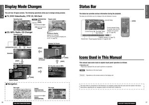 Page 112711E
N
G
L
I
S
H
CQ-VD7700U/VD7500U
2610E
N
G
L
I
S
H
CQ-VD7700U/VD7500U
Display Mode Changes
Status Bar
This unit has 10 types screens. The following operations allow you to change among screens.■TV, DVD Video/Audio, VTR 1/2, SD-Card
Operating mode
Regular mode
[OPERATION
OFF]
[OSD]
RemotePanel
Area A
[NAVI]
(NAVIGATION)
[NAVI]
(NAVIGATION)
■CD, MP3, Radio, CD Changer
■Navigation
Operating mode
Calender Full Screen
[DISP]
[DISP] [DISP]
[DISP] [OPERATION OFF]
[OSD] Area A
Animation
Capture
Full Screen...