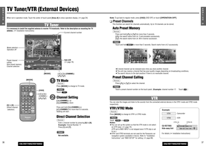 Page 16ENTER
TILT
OPENVOLUME
MUTE NAVI DISP
CQ-VD7700U
MODE
OPEN / CLOSE
DISC
POWERASPECTP
·MODE
NAVIGATION
SD CARDTRACK/
CHANNEL
ASP
IN-DASH 7 WIDESCREEN COLOR LCD MONITOR TV / DVD / SD RECEIVER
OPEN / CLOSE
CQ-VD7700U
TILT
ENTER
MODE
21E
N
G
L
I
S
H
CQ-VD7700U/VD7500U
3620E
N
G
L
I
S
H
CQ-VD7700U/VD7500U
Note:To go back to regular mode, press [OSD](OSD OFF) or touch 
[OPERATION OFF]
.
❑Preset Channels
This function can search for channels automatically. Up to 18 channels can be stored.Auto Preset Memory
Press...