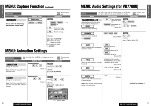 Page 286145E
N
G
L
I
S
H
CQ-VD7700U/VD7500U
6044E
N
G
L
I
S
H
CQ-VD7700U/VD7500U
MENU: Capture Function 
(continued)
MENU: Audio Settings (for VD7700U)
: Previous menu
: Exit
INITIALIZEYou can restore the default image
and delete your captured image.
to 
IMAGE5
IMAGE1
Select area
, ......
or
a
: Restore the image.
(delete your image)
: Restore no image.
[]]or [[] a[ENTER] a
[[]: Restore the image.
(delete your image)
[]]: Restore no image.
a[ENTER]
RemoteNOYES
IMAGE5
IMAGE2
IMAGE1
Panel
Menu Setting Value...